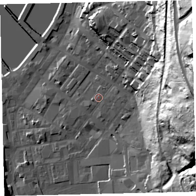 Shaded relief map of the ground around CA287NL, computed from Environment Agency LiDAR. The ground here sits at about 9 m above sea level and falls 82 m across the surrounding 800 m. Surface water reaching this point runs off ground lying to the east, 0.8 m higher.