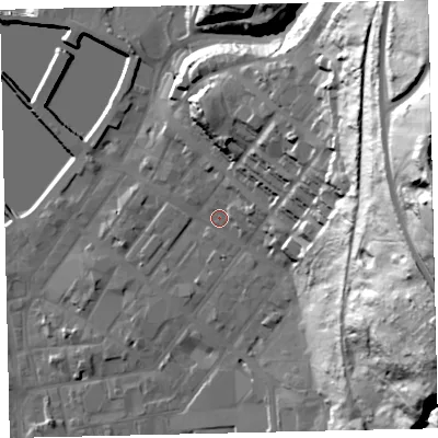 Shaded relief map of the ground around CA287NP, computed from Environment Agency LiDAR. The ground here sits at about 9 m above sea level and falls 87 m across the surrounding 800 m. Surface water reaching this point runs off ground lying to the east-south-east, 67.7 m higher.