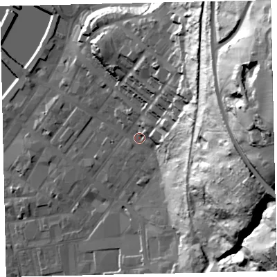 Shaded relief map of the ground around CA287NU, computed from Environment Agency LiDAR. The ground here sits at about 10 m above sea level and falls 92 m across the surrounding 800 m. Surface water reaching this point runs off ground lying to the east-south-east, 66.8 m higher.