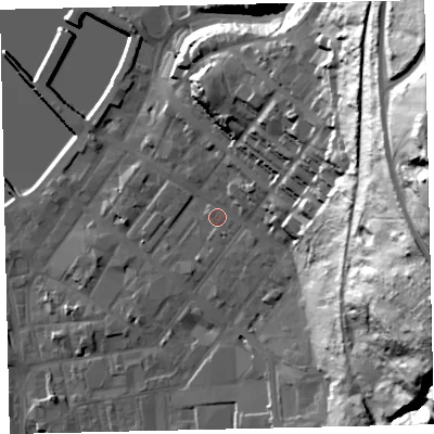 Shaded relief map of the ground around CA287NW, computed from Environment Agency LiDAR. The ground here sits at about 9 m above sea level and falls 84 m across the surrounding 800 m. Surface water reaching this point runs off ground lying to the east-south-east, 66.9 m higher.