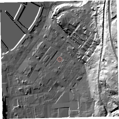 Shaded relief map of the ground around CA287NX, computed from Environment Agency LiDAR. The ground here sits at about 9 m above sea level and falls 75 m across the surrounding 800 m. Surface water reaching this point runs off ground lying to the east-south-east, 1.6 m higher.