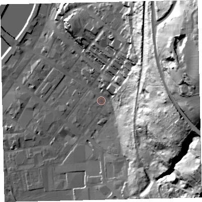 Shaded relief map of the ground around CA287NZ, computed from Environment Agency LiDAR. The ground here sits at about 10 m above sea level and falls 93 m across the surrounding 800 m. Surface water reaching this point runs off ground lying to the east, 66.7 m higher.