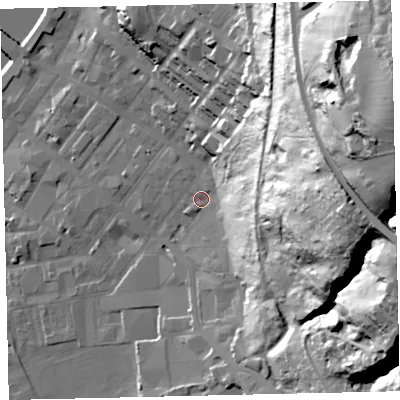 Shaded relief map of the ground around CA287PA, computed from Environment Agency LiDAR. The ground here sits at about 9 m above sea level and falls 95 m across the surrounding 800 m. Surface water reaching this point runs off ground lying to the east, 67.6 m higher.