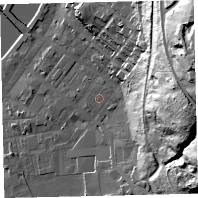 Shaded relief map of the ground around CA287PD, computed from Environment Agency LiDAR. The ground here sits at about 10 m above sea level and falls 88 m across the surrounding 800 m. Surface water reaching this point runs off ground lying to the north-north-east, 1.1 m higher.