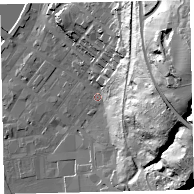 Shaded relief map of the ground around CA287PG, computed from Environment Agency LiDAR. The ground here sits at about 10 m above sea level and falls 95 m across the surrounding 800 m. Surface water reaching this point runs off ground lying to the east, 66.5 m higher.