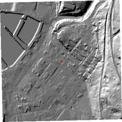 Shaded relief map of the ground around CA287QD, computed from Environment Agency LiDAR. The ground here sits at about 10 m above sea level and falls 84 m across the surrounding 800 m. Surface water reaching this point runs off ground lying to the east-north-east, 40.4 m higher.