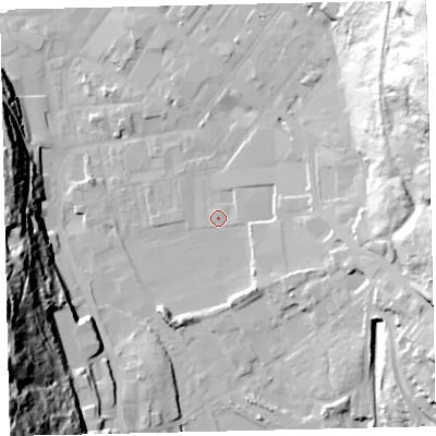 Shaded relief map of the ground around CA287QE, computed from Environment Agency LiDAR. The ground here sits at about 8 m above sea level and falls 71 m across the surrounding 800 m. Surface water reaching this point runs off ground lying to the east-south-east, 19.0 m higher.