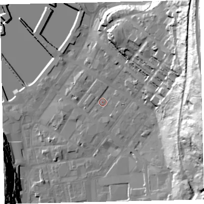 Shaded relief map of the ground around CA287QF, computed from Environment Agency LiDAR. The ground here sits at about 8 m above sea level and falls 71 m across the surrounding 800 m. Surface water reaching this point runs off ground lying to the east-north-east, 60.6 m higher.