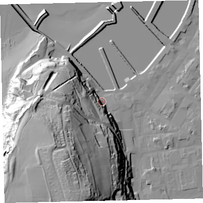 Shaded relief map of the ground around CA287QG, computed from Environment Agency LiDAR. The ground here sits at about 8 m above sea level and falls 76 m across the surrounding 800 m. Surface water reaching this point runs off ground lying to the south-south-west, 67.1 m higher.