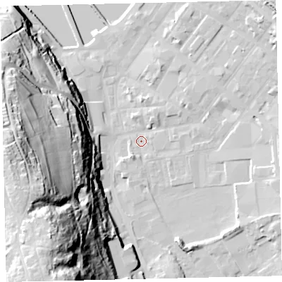 Shaded relief map of the ground around CA287QN, computed from Environment Agency LiDAR. The ground here sits at about 6 m above sea level and falls 76 m across the surrounding 800 m. Surface water reaching this point runs off ground lying to the north-east, 4.0 m higher.