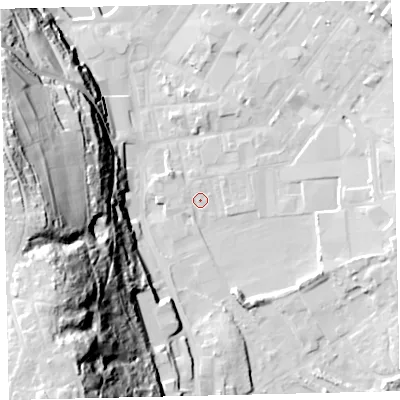 Shaded relief map of the ground around CA287QR, computed from Environment Agency LiDAR. The ground here sits at about 7 m above sea level and falls 79 m across the surrounding 800 m. Surface water reaching this point runs off ground lying to the south-west, 74.6 m higher.
