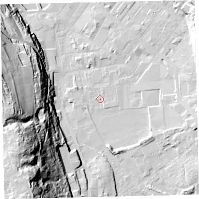 Shaded relief map of the ground around CA287QS, computed from Environment Agency LiDAR. The ground here sits at about 7 m above sea level and falls 79 m across the surrounding 800 m. Surface water reaching this point runs off ground lying to the south-west, 74.4 m higher.
