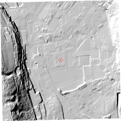 Shaded relief map of the ground around CA287QT, computed from Environment Agency LiDAR. The ground here sits at about 7 m above sea level and falls 78 m across the surrounding 800 m. Surface water reaching this point runs off ground lying to the south-west, 0.8 m higher.