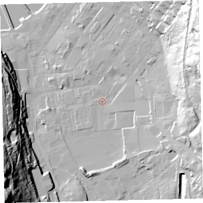 Shaded relief map of the ground around CA287QX, computed from Environment Agency LiDAR. The ground here sits at about 8 m above sea level and falls 71 m across the surrounding 800 m. Surface water reaching this point runs off ground lying to the east-north-east, 47.5 m higher.