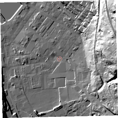 Shaded relief map of the ground around CA287QZ, computed from Environment Agency LiDAR. The ground here sits at about 8 m above sea level and falls 82 m across the surrounding 800 m. Surface water reaching this point runs off ground lying to the east-north-east, 64.4 m higher.