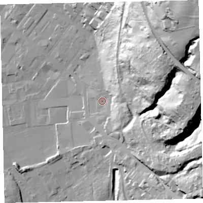 Shaded relief map of the ground around CA287RA, computed from Environment Agency LiDAR. The ground here sits at about 13 m above sea level and falls 92 m across the surrounding 800 m. Surface water reaching this point runs off ground lying to the south-east, 2.5 m higher.