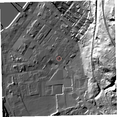 Shaded relief map of the ground around CA287RB, computed from Environment Agency LiDAR. The ground here sits at about 9 m above sea level and falls 84 m across the surrounding 800 m. Surface water reaching this point runs off ground lying to the north-north-west, 1.3 m higher.