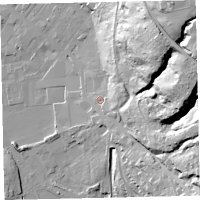 Shaded relief map of the ground around CA287RD, computed from Environment Agency LiDAR. The ground here sits at about 15 m above sea level and falls 89 m across the surrounding 800 m. Surface water reaching this point runs off ground lying to the east-north-east, 13.5 m higher.