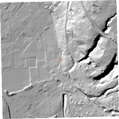 Shaded relief map of the ground around CA287RE, computed from Environment Agency LiDAR. The ground here sits at about 15 m above sea level and falls 92 m across the surrounding 800 m. Surface water reaching this point runs off ground lying to the east, 12.9 m higher.