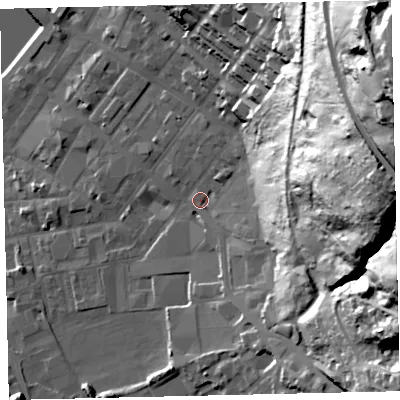 Shaded relief map of the ground around CA287RF, computed from Environment Agency LiDAR. The ground here sits at about 9 m above sea level and falls 88 m across the surrounding 800 m. Surface water reaching this point runs off ground lying to the east-north-east, 68.6 m higher.