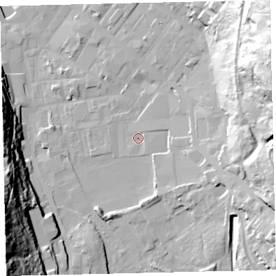 Shaded relief map of the ground around CA287RG, computed from Environment Agency LiDAR. The ground here sits at about 8 m above sea level and falls 65 m across the surrounding 800 m. Surface water reaching this point runs off ground lying to the east-north-east, 2.1 m higher.