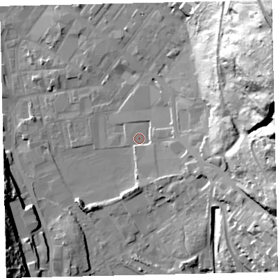 Shaded relief map of the ground around CA287RJ, computed from Environment Agency LiDAR. The ground here sits at about 9 m above sea level and falls 73 m across the surrounding 800 m. Surface water reaching this point runs off ground lying to the east-south-east, 23.6 m higher.