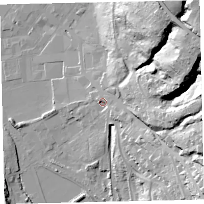 Shaded relief map of the ground around CA287RP, computed from Environment Agency LiDAR. The ground here sits at about 16 m above sea level and falls 84 m across the surrounding 800 m. Surface water reaching this point runs off ground lying to the east-south-east, 8.2 m higher.