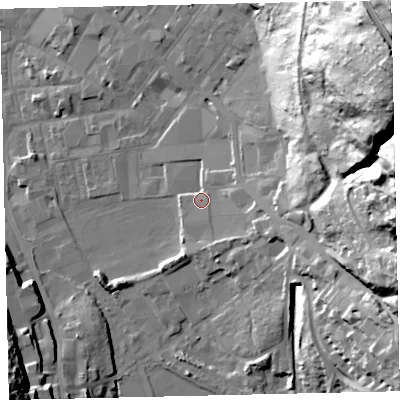 Shaded relief map of the ground around CA287RQ, computed from Environment Agency LiDAR. The ground here sits at about 11 m above sea level and falls 77 m across the surrounding 800 m. Surface water reaching this point runs off ground lying to the east-south-east, 23.6 m higher.