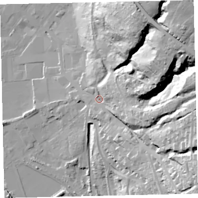 Shaded relief map of the ground around CA287RR, computed from Environment Agency LiDAR. The ground here sits at about 20 m above sea level and falls 91 m across the surrounding 800 m. Surface water reaching this point runs off ground lying to the north-east, 69.4 m higher.