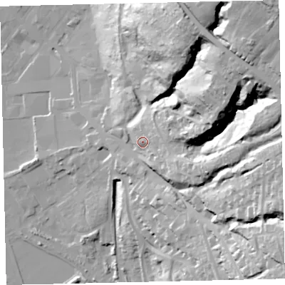 Shaded relief map of the ground around CA287RS, computed from Environment Agency LiDAR. The ground here sits at about 28 m above sea level and falls 93 m across the surrounding 800 m. Surface water reaching this point runs off ground lying to the east-north-east, 13.3 m higher.