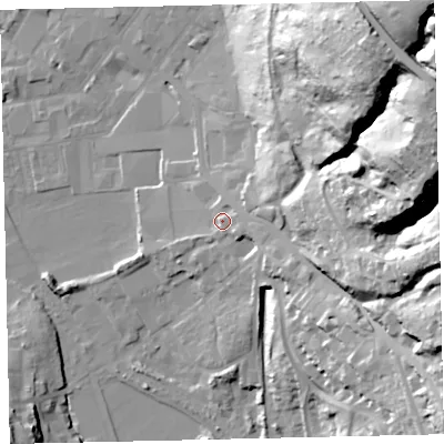 Shaded relief map of the ground around CA287RW, computed from Environment Agency LiDAR. The ground here sits at about 16 m above sea level and falls 84 m across the surrounding 800 m. Surface water reaching this point runs off ground lying to the south-east, 18.9 m higher.