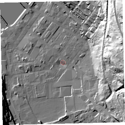 Shaded relief map of the ground around CA287SH, computed from Environment Agency LiDAR. The ground here sits at about 8 m above sea level and falls 75 m across the surrounding 800 m. Surface water reaching this point runs off ground lying to the north-north-west, 2.4 m higher.