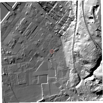 Shaded relief map of the ground around CA287SL, computed from Environment Agency LiDAR. The ground here sits at about 9 m above sea level and falls 89 m across the surrounding 800 m. Surface water reaching this point runs off ground lying to the east, 68.6 m higher.
