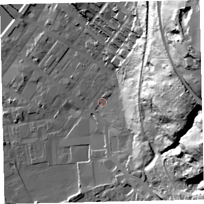 Shaded relief map of the ground around CA287SN, computed from Environment Agency LiDAR. The ground here sits at about 9 m above sea level and falls 92 m across the surrounding 800 m. Surface water reaching this point runs off ground lying to the east, 68.6 m higher.