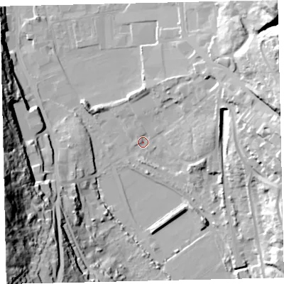 Shaded relief map of the ground around CA287TB, computed from Environment Agency LiDAR. The ground here sits at about 8 m above sea level and falls 60 m across the surrounding 800 m. Surface water reaching this point runs off ground lying to the east, 25.3 m higher.