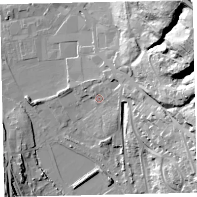 Shaded relief map of the ground around CA287TE, computed from Environment Agency LiDAR. The ground here sits at about 12 m above sea level and falls 72 m across the surrounding 800 m. Surface water reaching this point runs off ground lying to the east, 11.5 m higher.