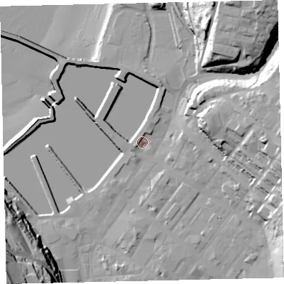 Shaded relief map of the ground around CA287UJ, computed from Environment Agency LiDAR. The ground here sits at about 7 m above sea level and falls 53 m across the surrounding 800 m. Surface water reaching this point runs off ground lying to the west-south-west, 2.9 m higher.