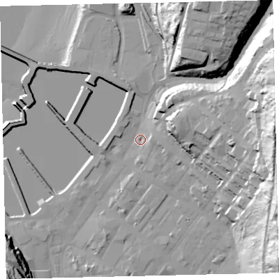Shaded relief map of the ground around CA287UN, computed from Environment Agency LiDAR. The ground here sits at about 7 m above sea level and falls 58 m across the surrounding 800 m. Surface water reaching this point runs off ground lying to the east-north-east, 49.2 m higher.