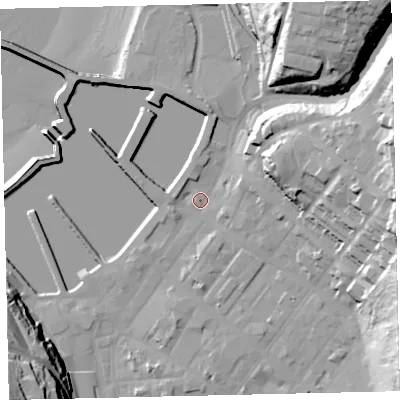 Shaded relief map of the ground around CA287UX, computed from Environment Agency LiDAR. The ground here sits at about 6 m above sea level and falls 48 m across the surrounding 800 m. Surface water reaching this point runs off ground lying to the north-east, 38.7 m higher.