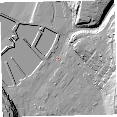 Shaded relief map of the ground around CA287UY, computed from Environment Agency LiDAR. The ground here sits at about 7 m above sea level and falls 50 m across the surrounding 800 m. Surface water reaching this point runs off ground lying to the east-north-east, 41.6 m higher.