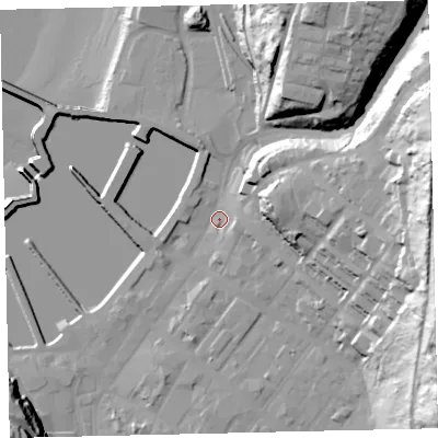 Shaded relief map of the ground around CA287UZ, computed from Environment Agency LiDAR. The ground here sits at about 7 m above sea level and falls 58 m across the surrounding 800 m. Surface water reaching this point runs off ground lying to the east-north-east, 49.6 m higher.