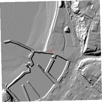 Shaded relief map of the ground around CA287XY, computed from Environment Agency LiDAR. The ground here sits at about 8 m above sea level and falls 58 m across the surrounding 800 m. Surface water reaching this point runs off ground lying to the east-south-east, 7.4 m higher.