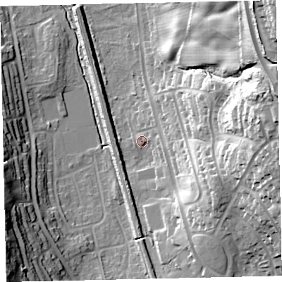 Shaded relief map of the ground around CA288DF, computed from Environment Agency LiDAR. The ground here sits at about 14 m above sea level and falls 62 m across the surrounding 800 m. Surface water reaching this point runs off ground lying to the east-south-east, 11.4 m higher.
