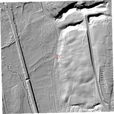Shaded relief map of the ground around CA288DJ, computed from Environment Agency LiDAR. The ground here sits at about 16 m above sea level and falls 77 m across the surrounding 800 m. Surface water reaching this point runs off ground lying to the east-north-east, 51.3 m higher.