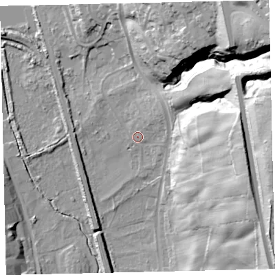 Shaded relief map of the ground around CA288DP, computed from Environment Agency LiDAR. The ground here sits at about 16 m above sea level and falls 73 m across the surrounding 800 m. Surface water reaching this point runs off ground lying to the north-east, 8.7 m higher.