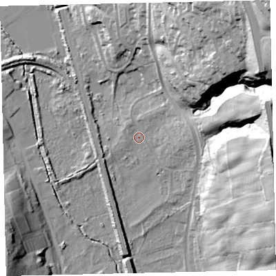 Shaded relief map of the ground around CA288DT, computed from Environment Agency LiDAR. The ground here sits at about 14 m above sea level and falls 72 m across the surrounding 800 m. Surface water reaching this point runs off ground lying to the east, 9.1 m higher.