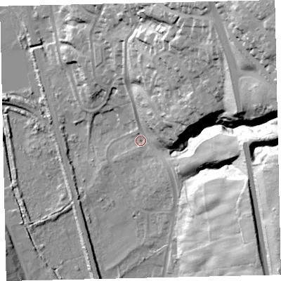 Shaded relief map of the ground around CA288DX, computed from Environment Agency LiDAR. The ground here sits at about 18 m above sea level and falls 82 m across the surrounding 800 m. Surface water reaching this point runs off ground lying to the north-east, 66.8 m higher.