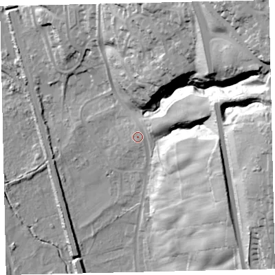 Shaded relief map of the ground around CA288DY, computed from Environment Agency LiDAR. The ground here sits at about 22 m above sea level and falls 83 m across the surrounding 800 m. Surface water reaching this point runs off ground lying to the east-north-east, 9.0 m higher.