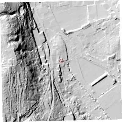 Shaded relief map of the ground around CA289DB, computed from Environment Agency LiDAR. The ground here sits at about 12 m above sea level and falls 84 m across the surrounding 800 m. Surface water reaching this point runs off ground lying to the west-south-west, 79.6 m higher.