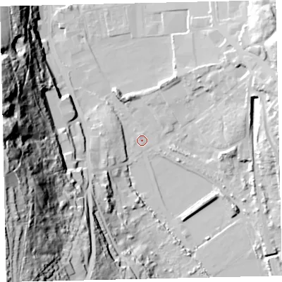 Shaded relief map of the ground around CA289DF, computed from Environment Agency LiDAR. The ground here sits at about 8 m above sea level and falls 75 m across the surrounding 800 m. Surface water reaching this point runs off ground lying to the south-west, 74.3 m higher.